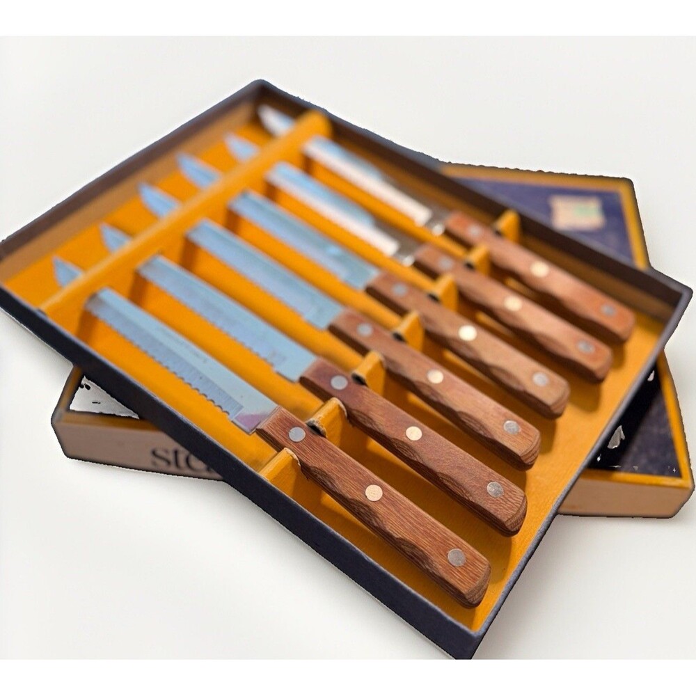 Vintage Washington Forge Forgecraft Steak Knives Set 6 Japan Stainless MCM w/Box